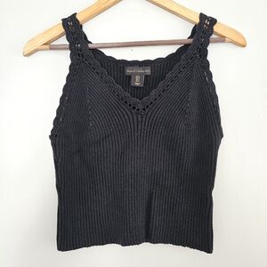 House of Harlow 1960 black V neck ribbed knit crochet pointelle tank top small